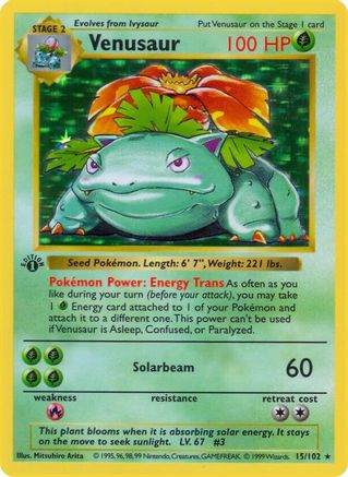 Venusaur 15 - Base Set Shadowless 1st Edition Holofoil