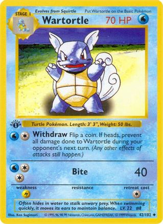 Wartortle 42 - Base Set Shadowless 1st Edition