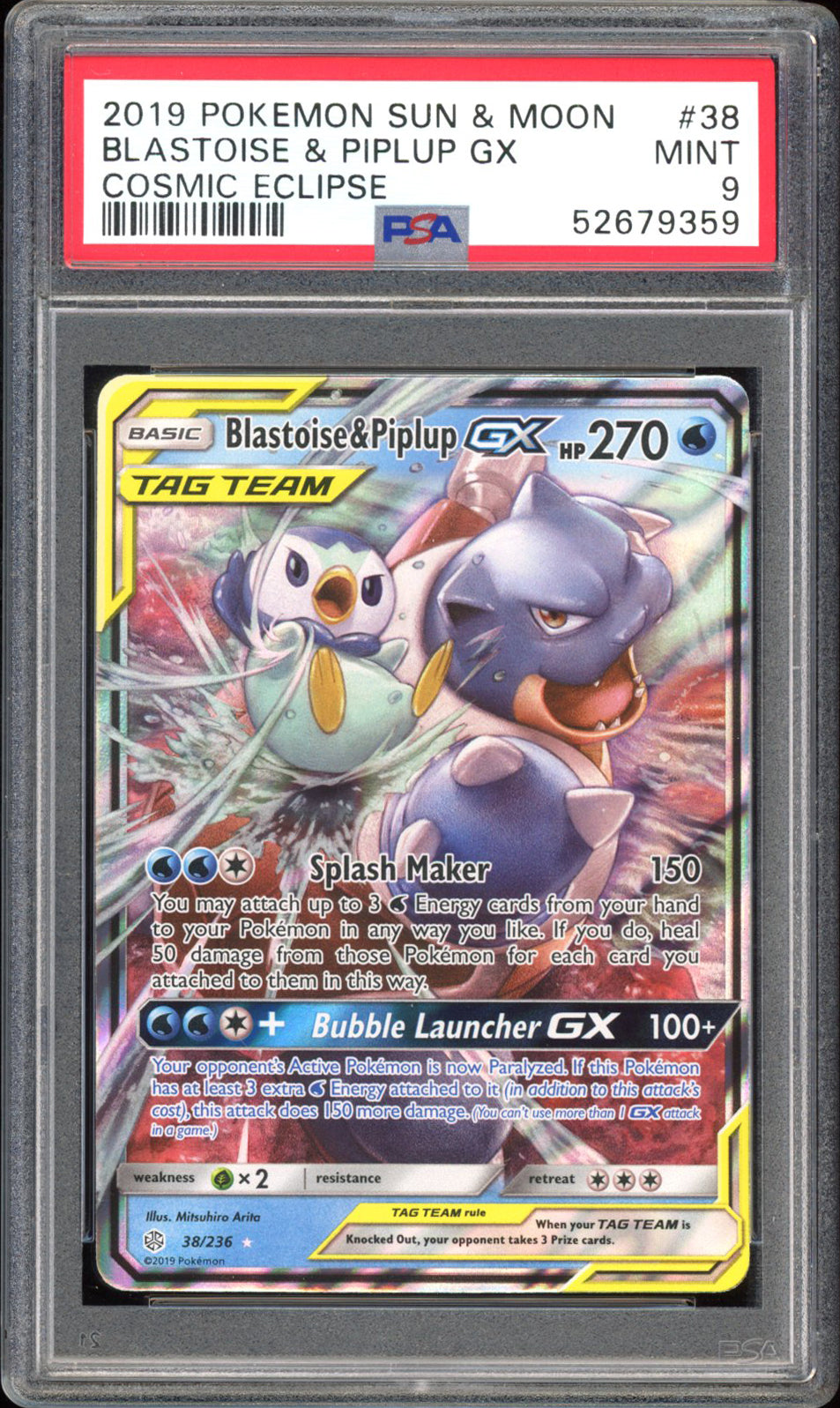 Blastoise & Piplup GX - PSA 9 - Cosmic Eclipse - #38 - Holo