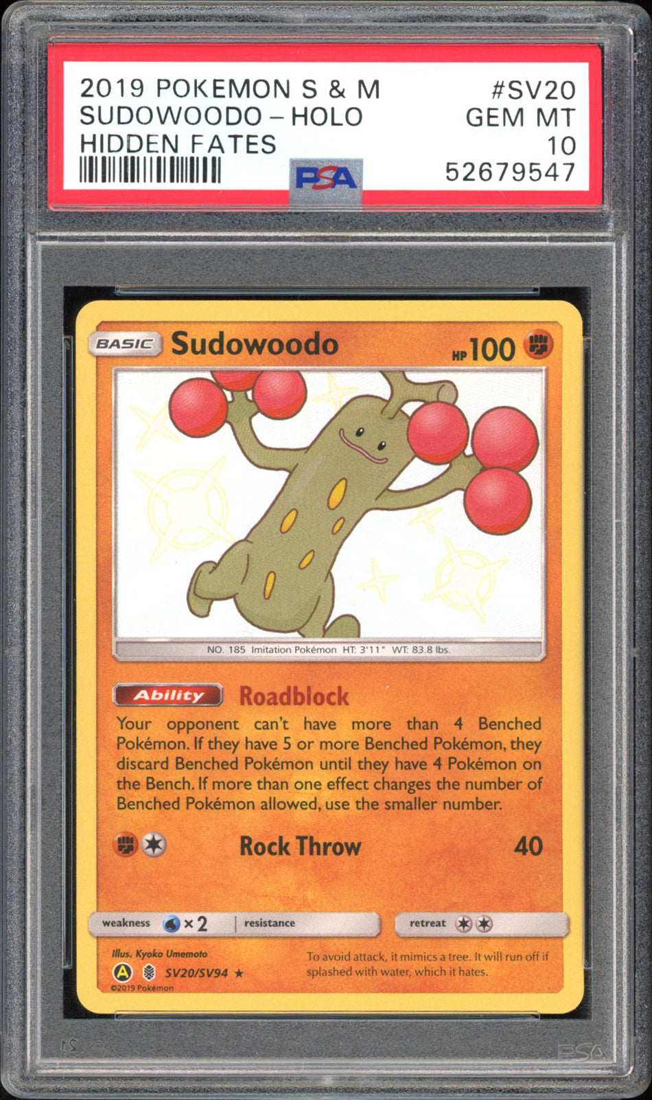 Sudowoodo - PSA 10 - Hidden Fates - #SV20 - Holo