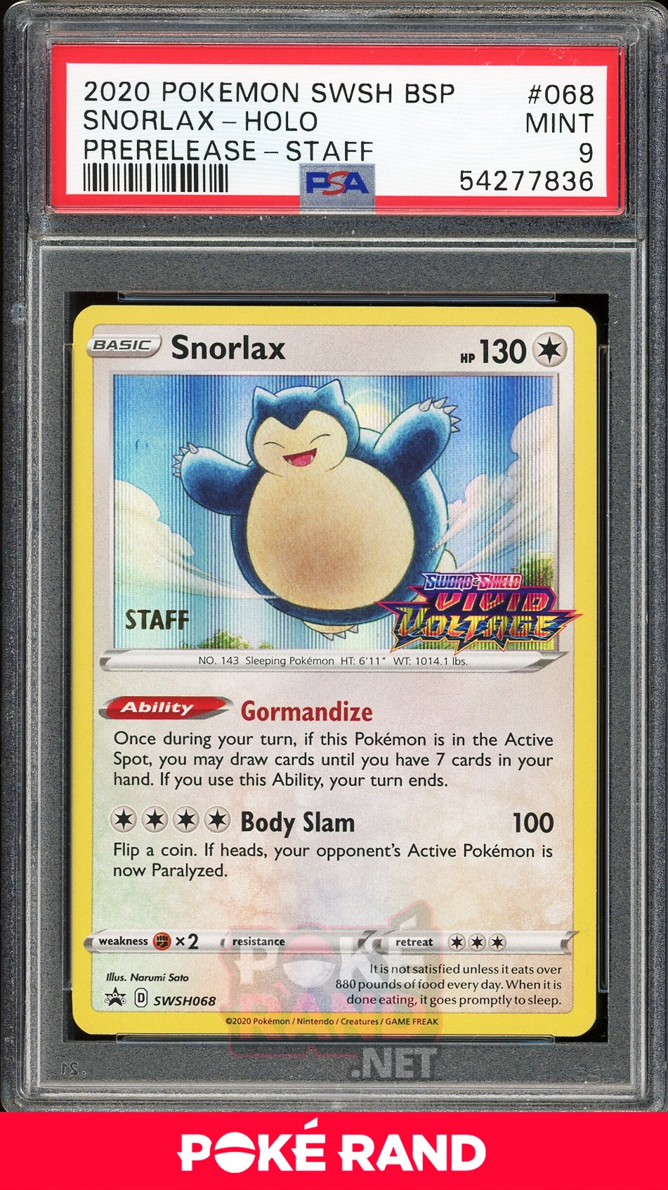 Snorlax Staff Pre-Release (PSA 9) - Vivid Voltage SWSH068 - PokeRand