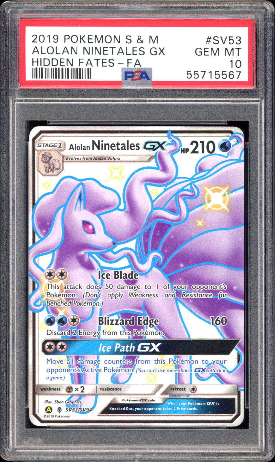 Alolan Ninetales GX SV53 - PSA 10 - Hidden Fates Full Art