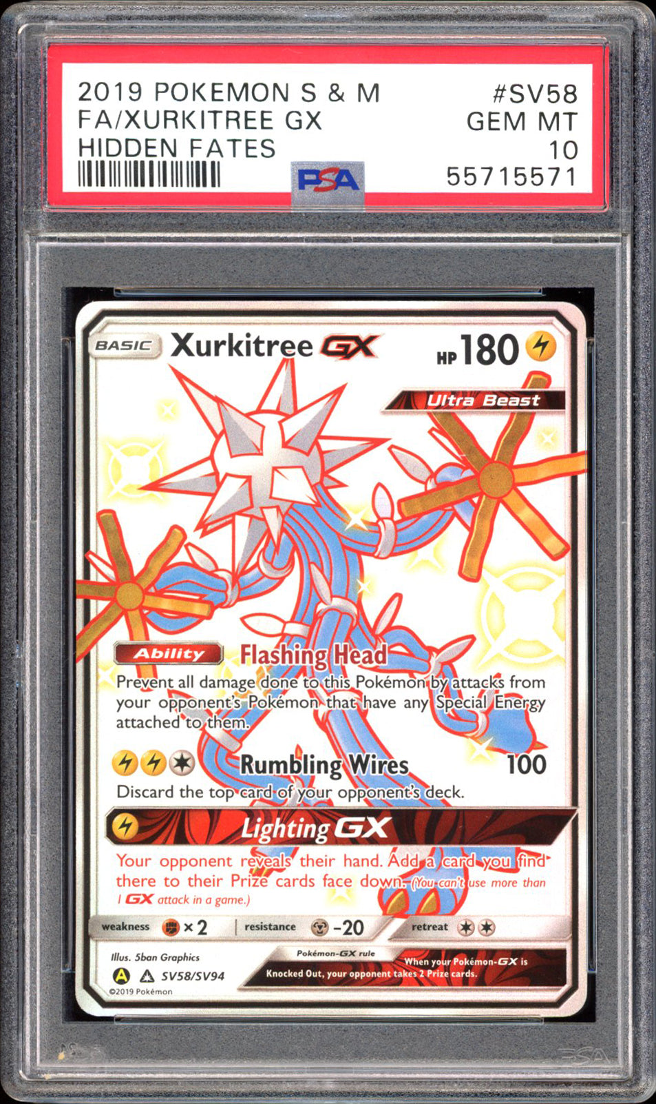 Xurkitree GX SV58 - PSA 10 - Hidden Fates Full Art